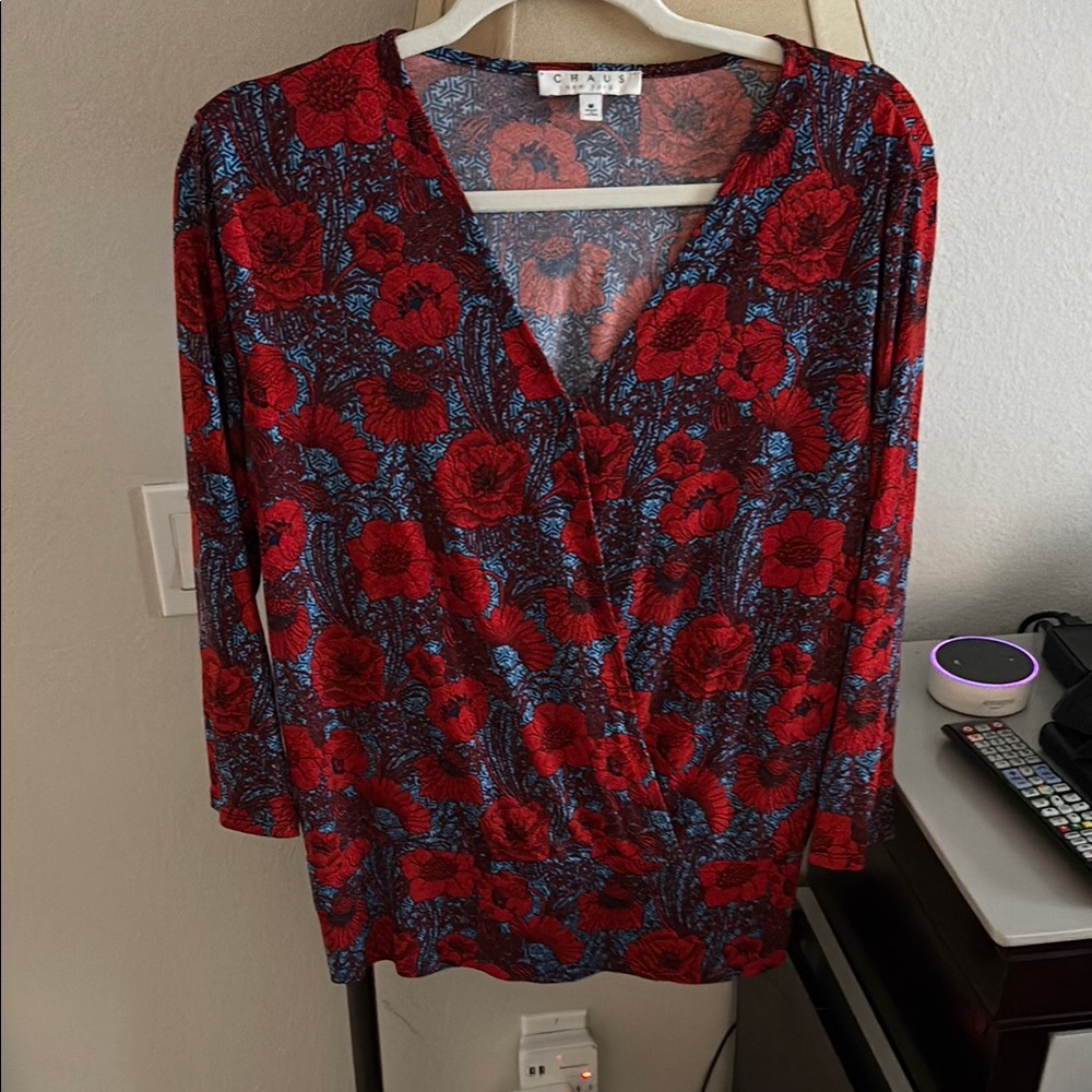 Chaus Vibrant Red and Blue Floral Blouse